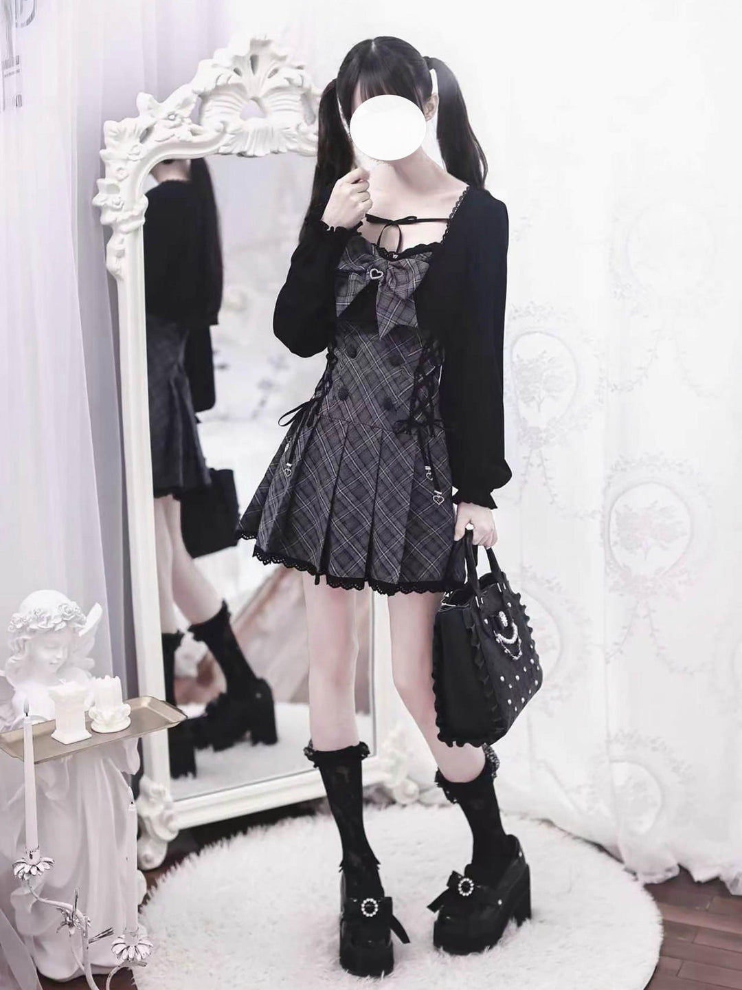 Jirai Kei Plaid Dress with Bolero, Pleated Hem 45934:869284