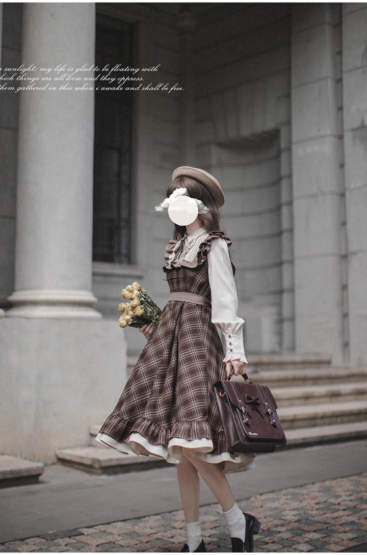 Retro Lolita OP Dress And Brown Lolita Coat Plaid Dress 41080:686028