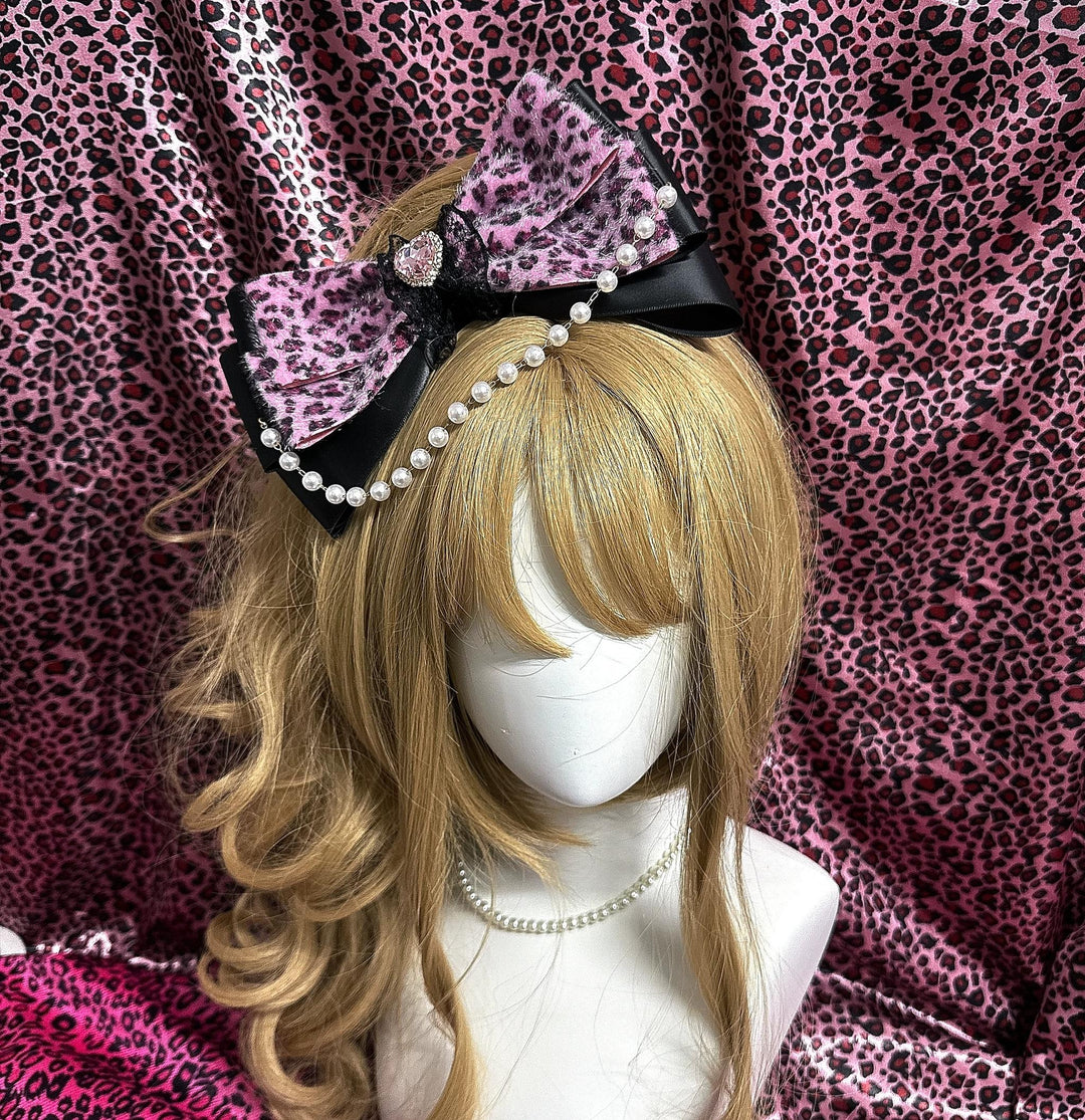 Gyaru Leopard Bow Hair Clip, Pearl Chain and Heart Rhinestone 45524:852178