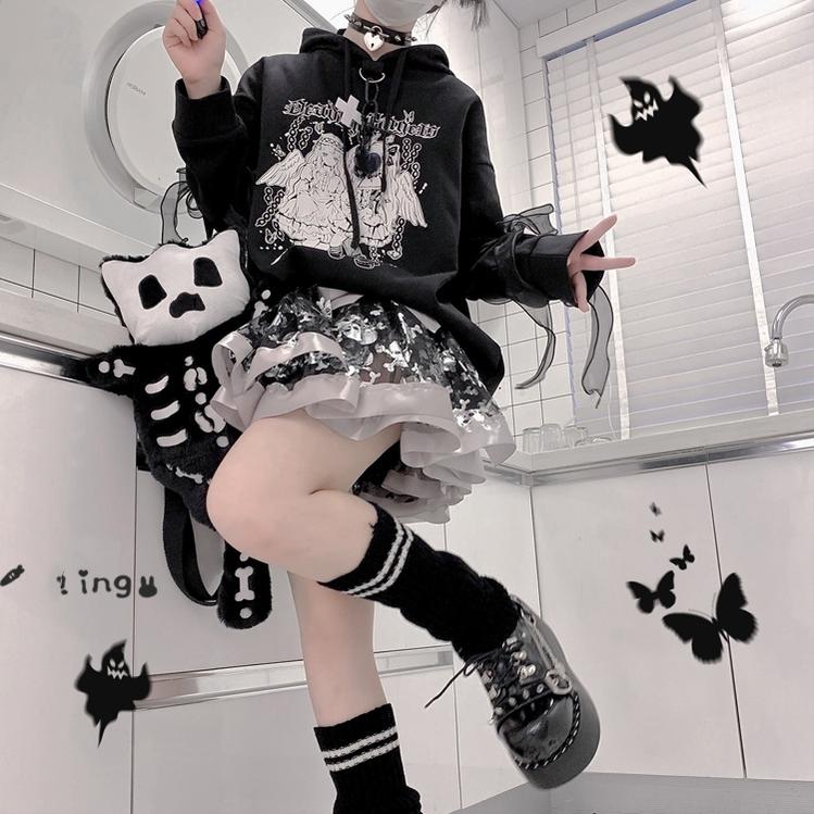 Jirai Kei Hoodie Black Top Angel Printed Hoodie Lace Up 37572:563110
