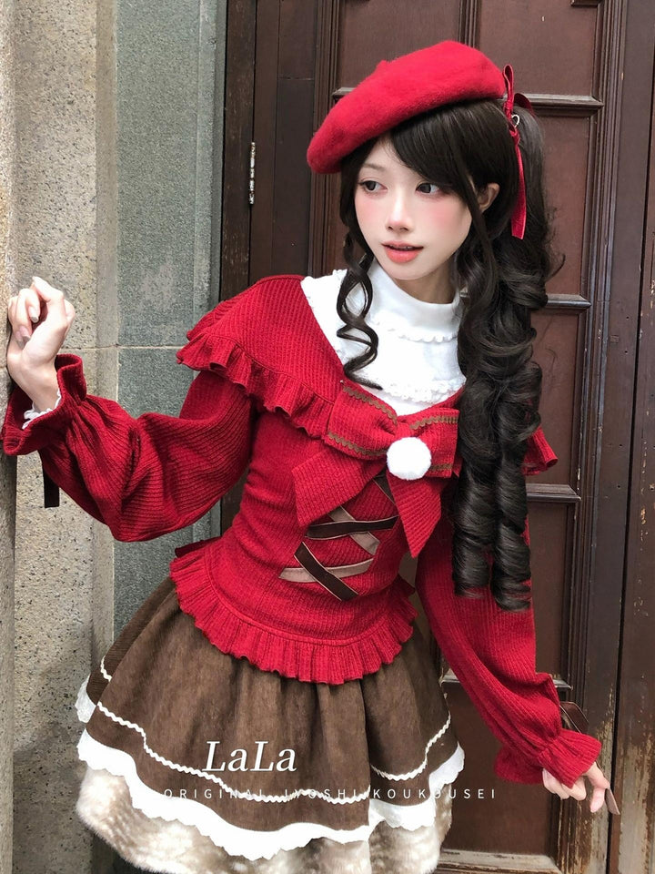 Christmas Red Off-Shoulder Sweater, Ruffled Skirt (L M S) 44160:798312