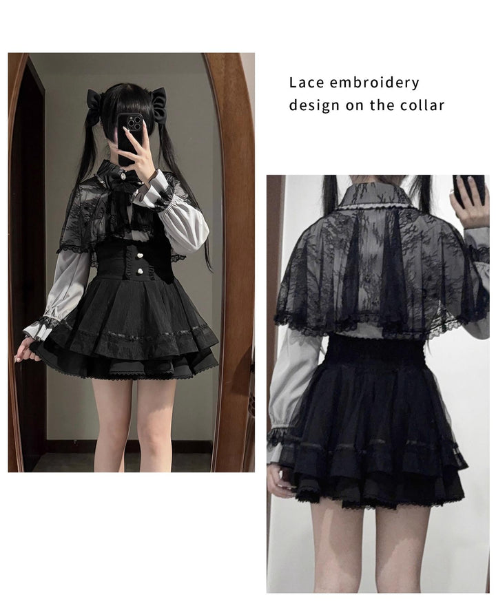 Jirai Kei Lace-cape Blouse, High-waist Skirt Outfit 43933:790455
