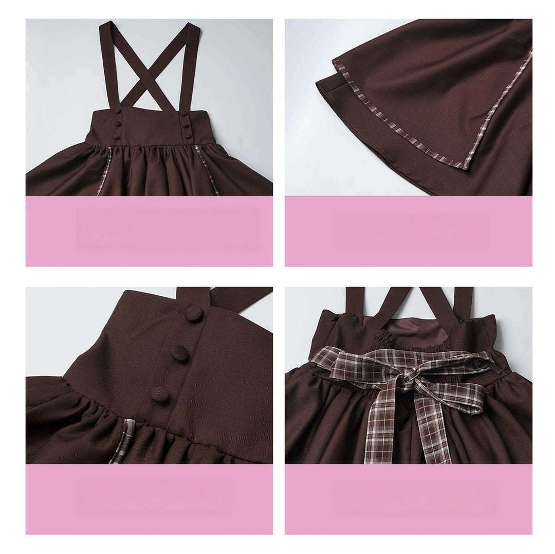 Academia Bubble Sleeve Blouse, Elastic Waist Suspender Skirt 45875:866432