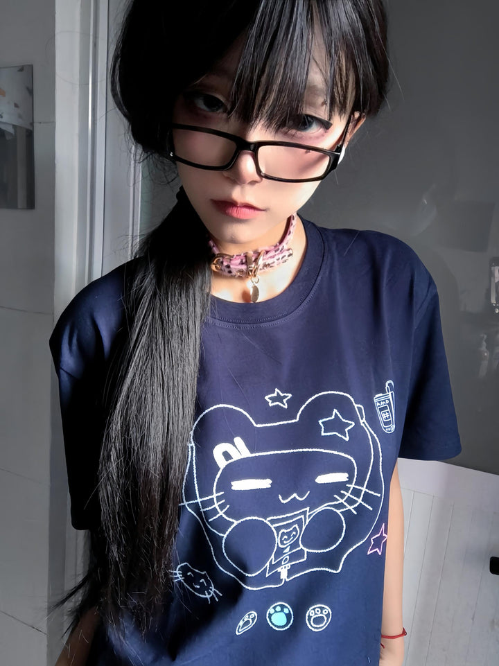 Kawaii T-shirt Cat Printed Cotton Top Versatile T-shirt 38102:579194