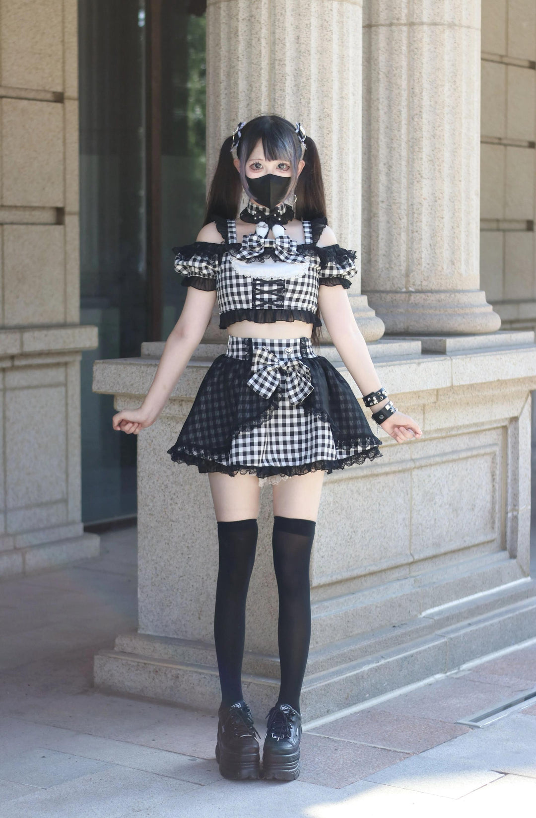 Plaid Stage Jirai Kei Outfit, Furry Bunny Ear Blouse, Skirt 43614:780922
