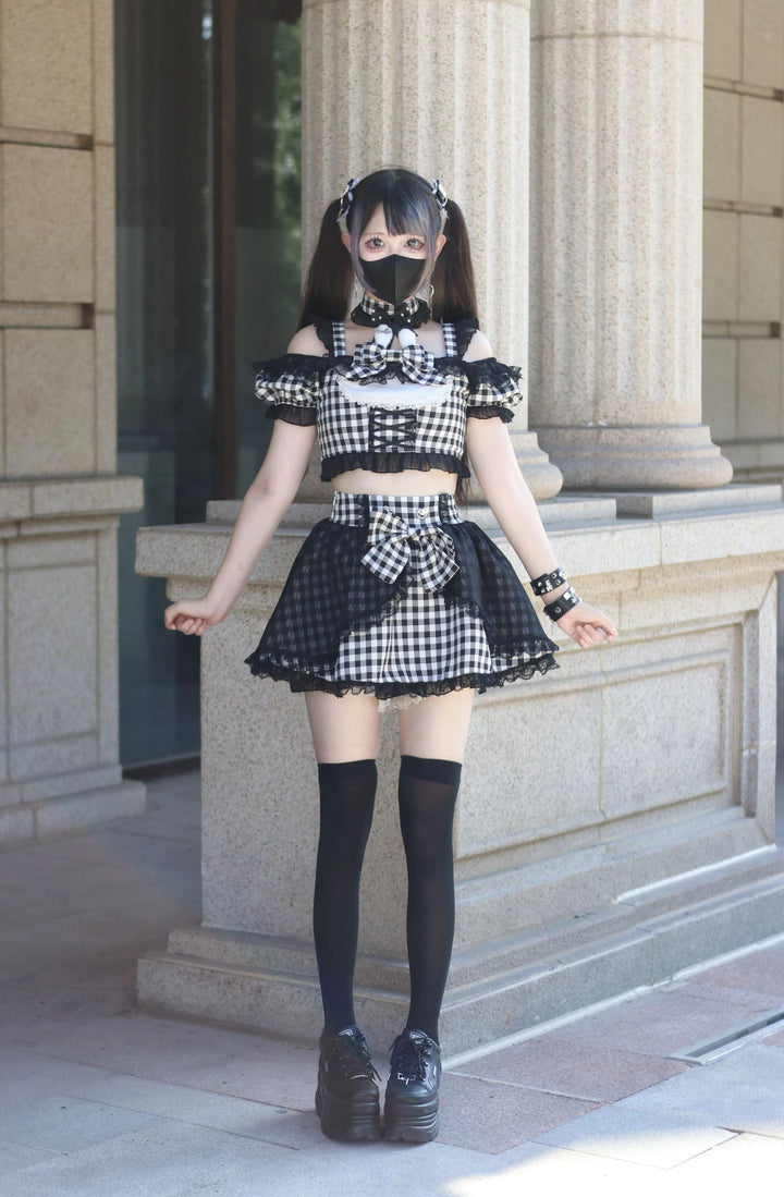 Plaid Stage Jirai Kei Outfit, Furry Bunny Ear Blouse, Skirt 43614:780922