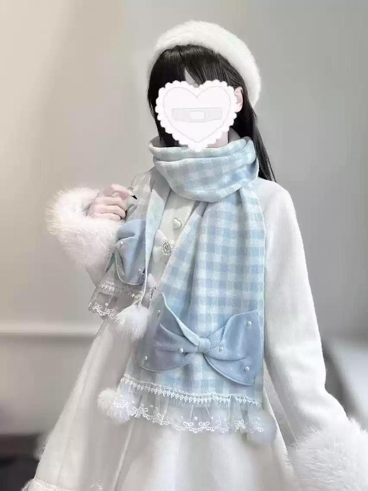 Ryousangata Scarf Plaid Pearl Bow Lace Scarf With Pom Poms 41674:711512