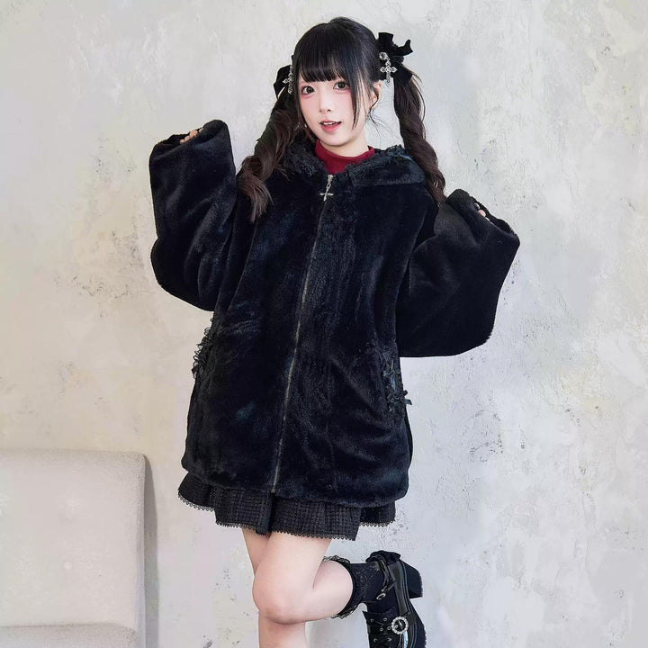 Jirai Kei Winter Coat Fleece Cat Ear Hooded Lace Bows Coat 41408:698036