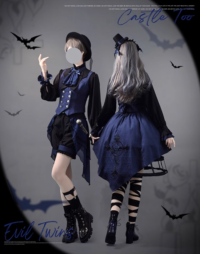 Ouji Lolita Prince Outfit Navy Blue Lolita Blouse Skirt Set 39360:633266