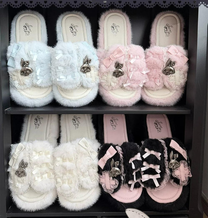 Jirai Kei Plush Wedge Platform Slippers, Bunny & Bow Accents 45959:870740
