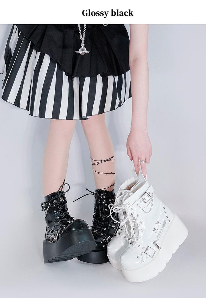 Punk Shoes Black White Platform Gyaru Fashion Combat Boots 29710:368910