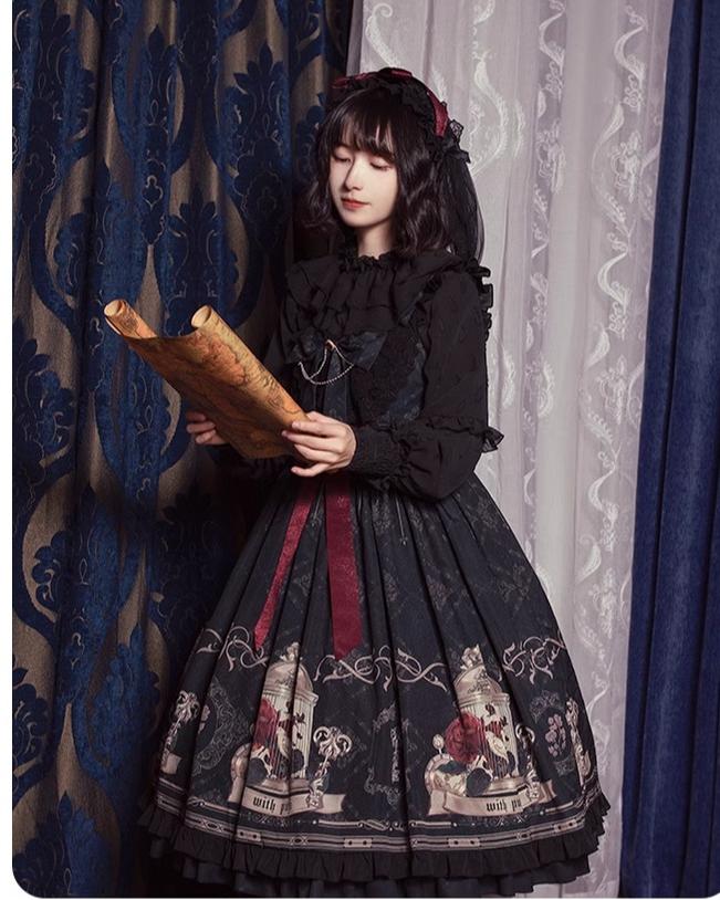 Gothic Lolita Dress With Birdcage Print Black Lolita Dress 35534:495512