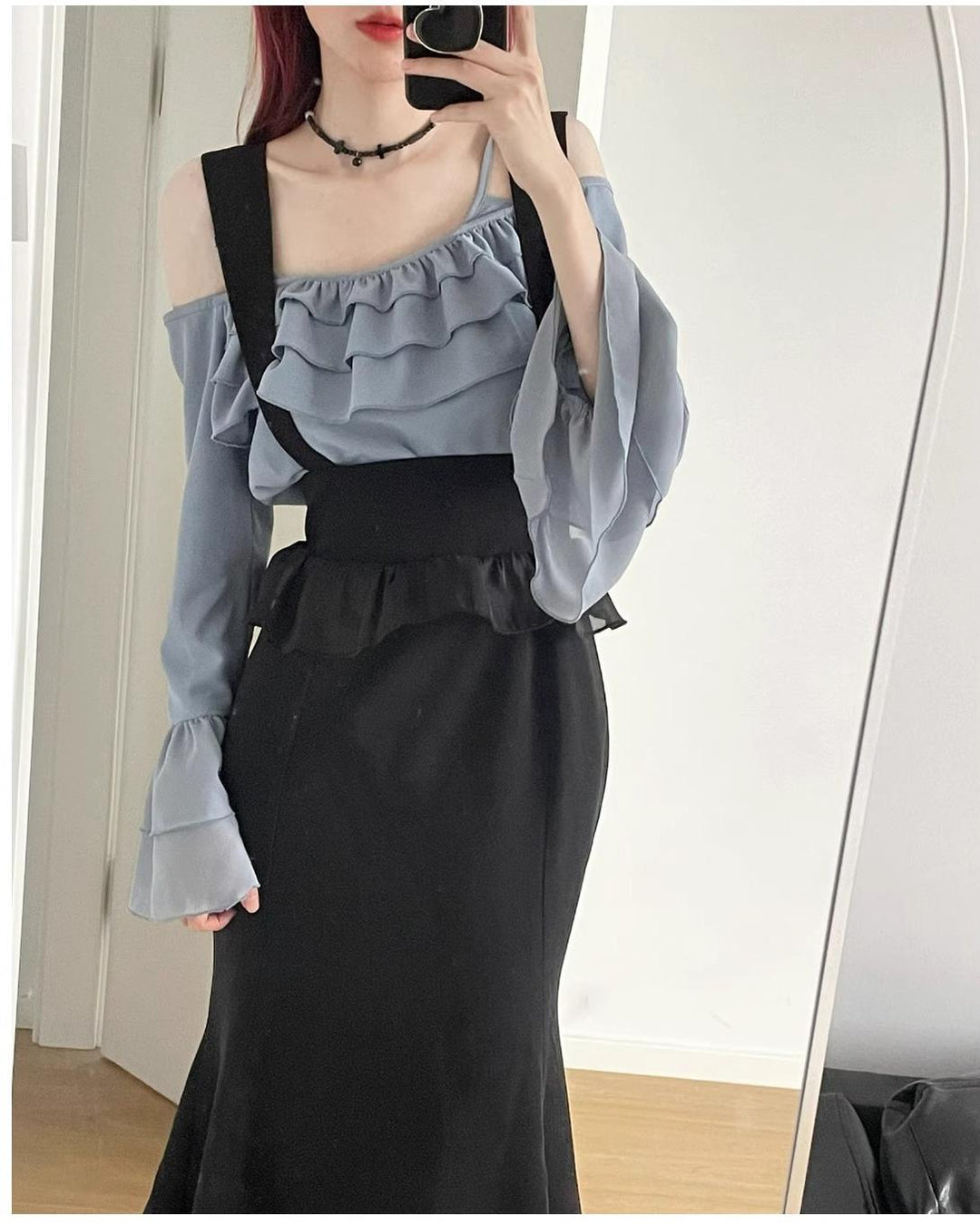 Elegant Outfit Set Chiffon Blouse Suspender Skirt Set 40238:663584