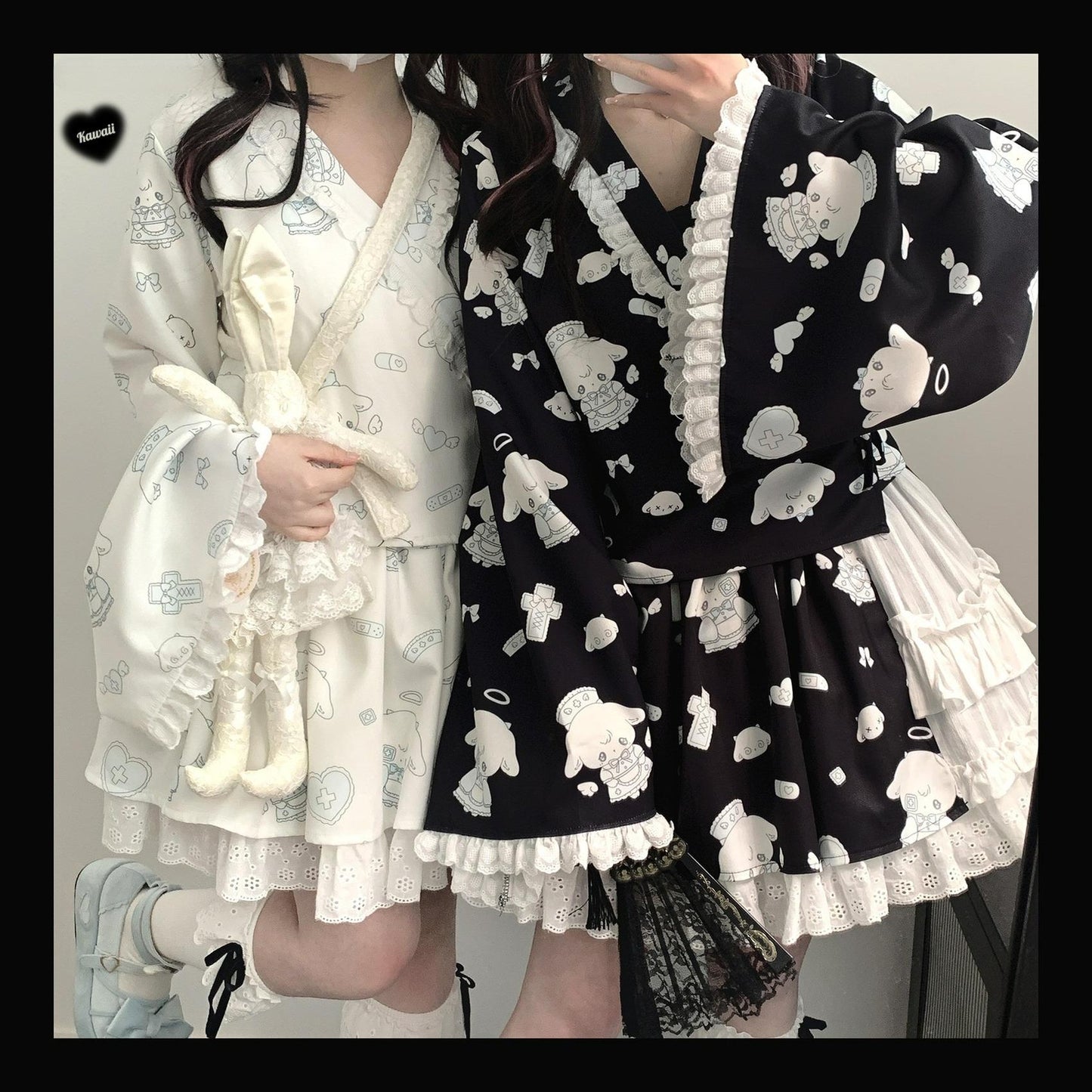 Tenshi Kaiwai Patchwork Skirt Kimono Top White Apron Three-Piece Set 36786:536958