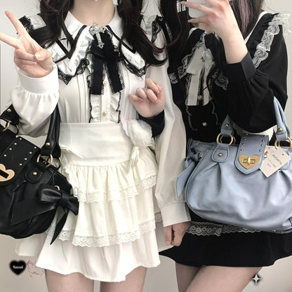 Jirai Kei Blouse Sailor Collar Shirt Cross Lace Long Sleeve Blouse 36780:537498