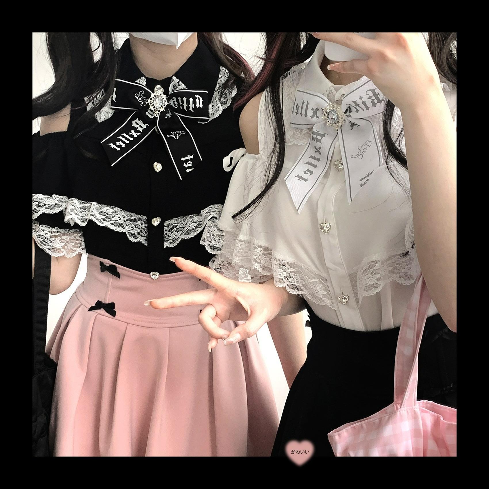 Jirai Kei Shirt Lace Open-shoulder Blouse Short Sleeve Top 36782:537552