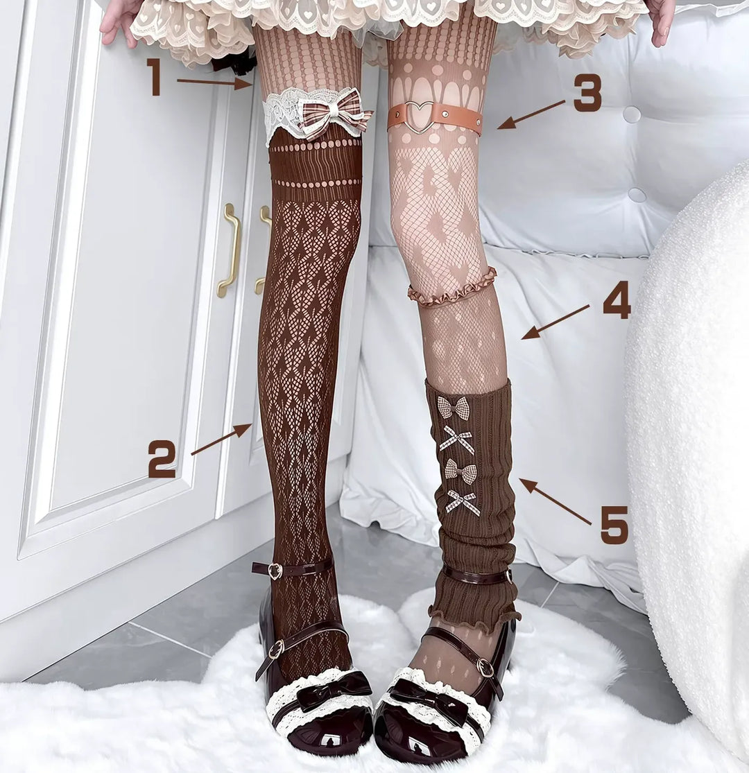 Asymmetrical Layering Pantyhose Sock Set, Bows and Lace 45358:850863