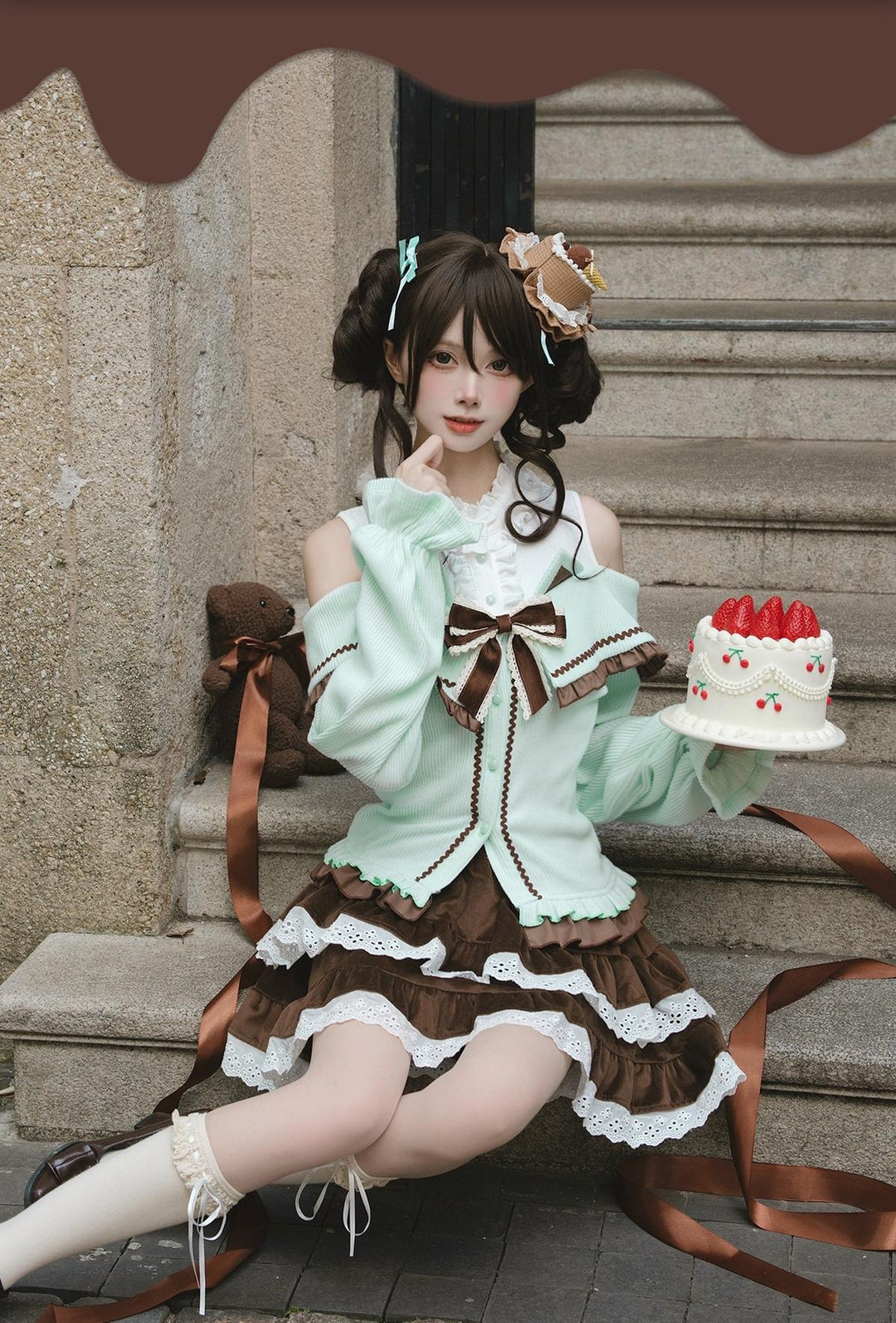 Sweet Open-shoulder Sweater, Vintage Skirt 44077:795893