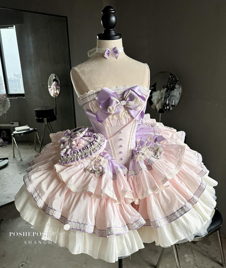 Lolita Dress Set Sweet Violet Pink Puffy Dress Corset Dress 36388:554906 36388:554906