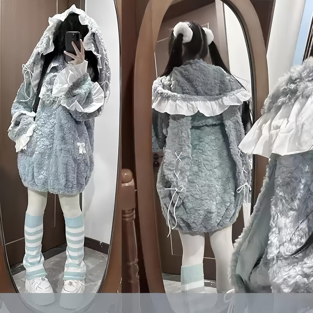 Jirai Kei Coat Winter Bunny Ears Fleece Hoodie Coat 34478:760658