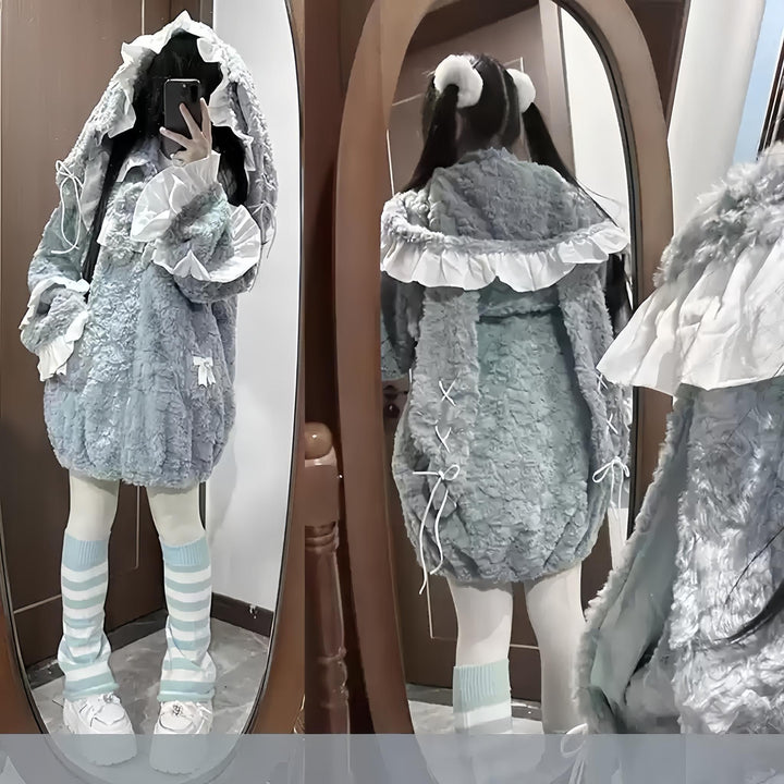 Jirai Kei Coat Winter Bunny Ears Fleece Hoodie Coat 34478:760658