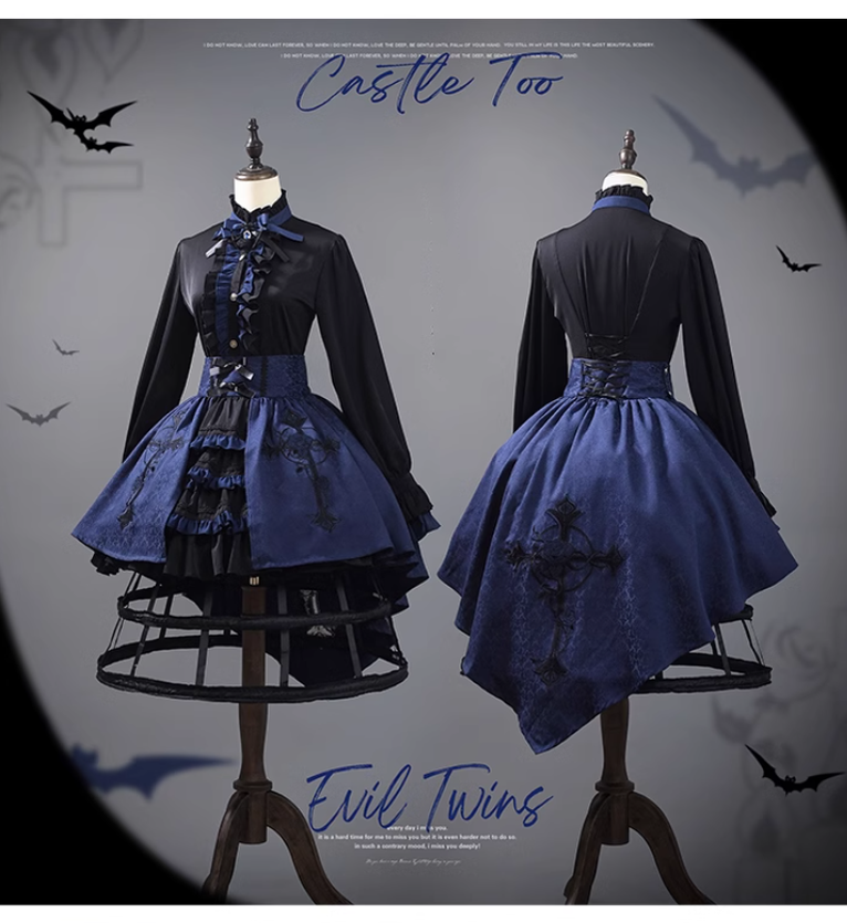 Ouji Lolita Prince Outfit Navy Blue Lolita Blouse Skirt Set 39360:633360