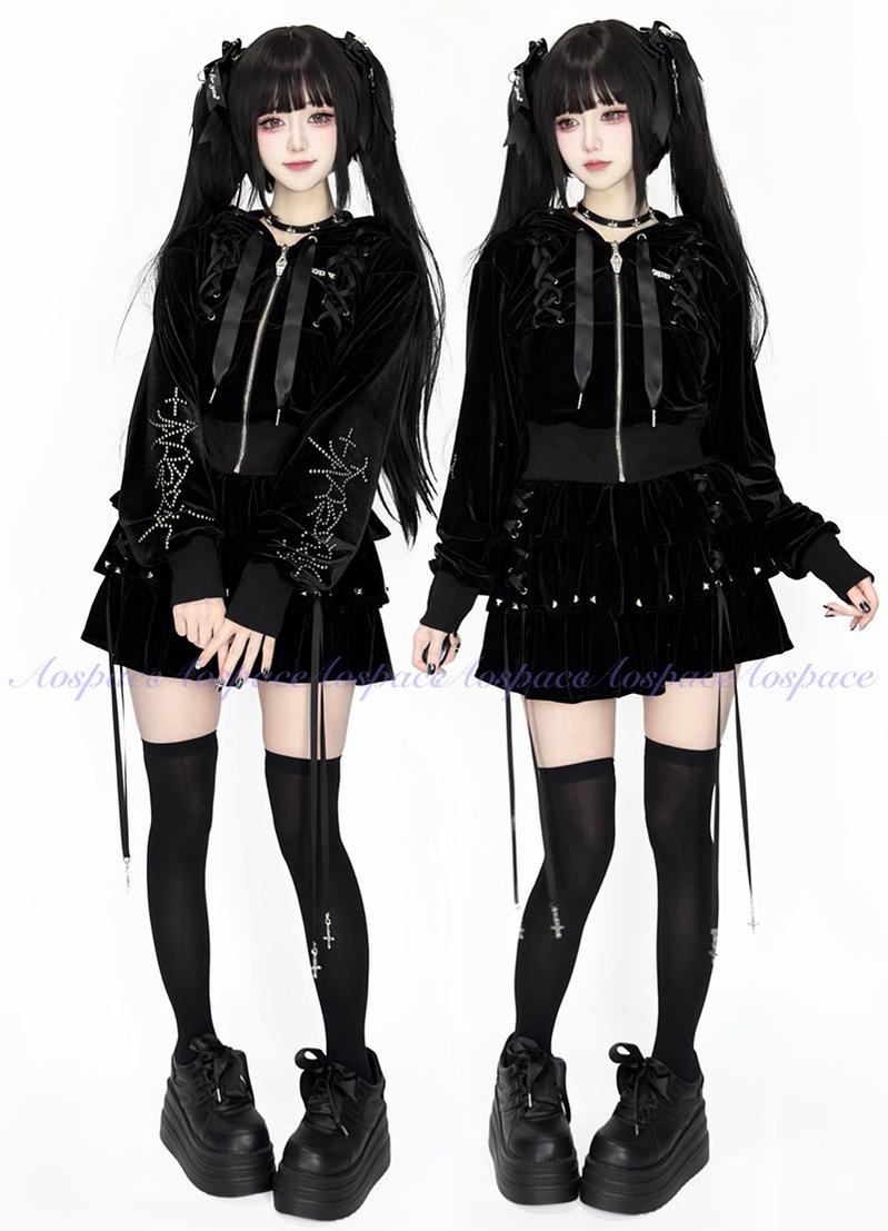 Subculture Skirt Outfit, Short Zipper Closure Hoodie 44484:816754