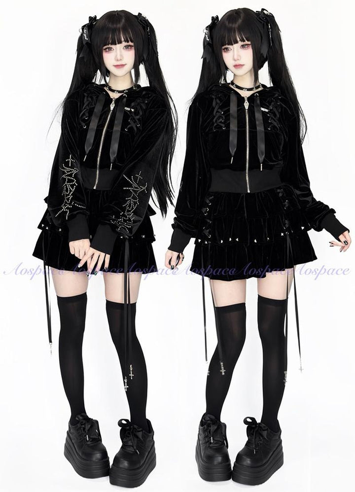 Subculture Skirt Outfit, Short Zipper Closure Hoodie 44484:816754