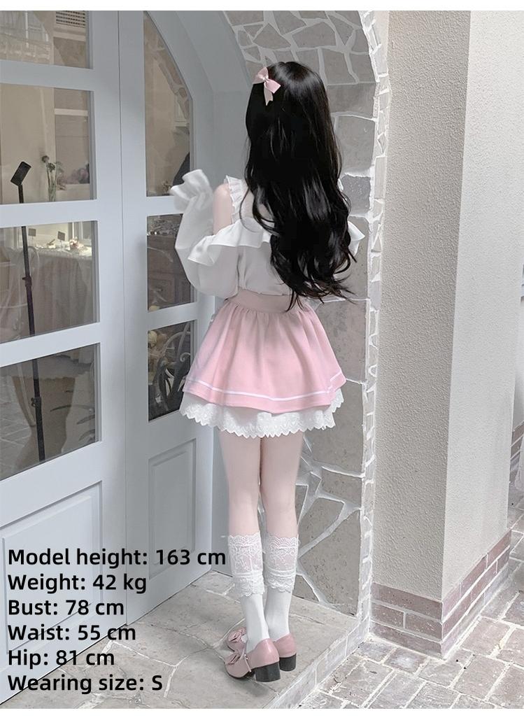 Jirai Kei Blouse Off-Shoulder Shirt Pink Skirt with Apron 42240:734787