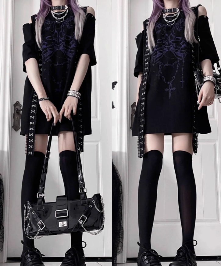 Open-Shoulder Subculture Cotton T-Shirt 43872:789433