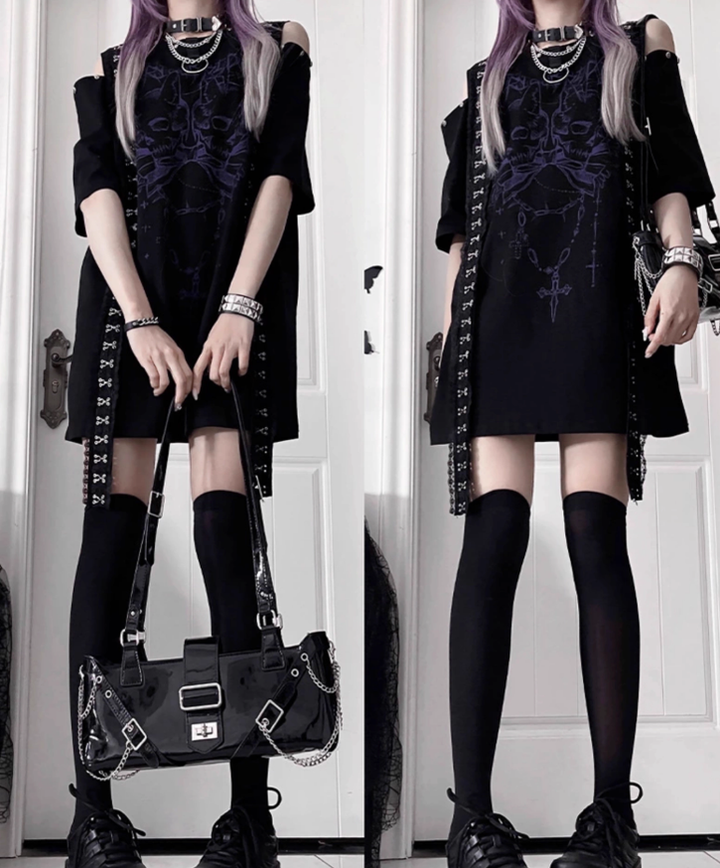 Open-Shoulder Subculture Cotton T-Shirt 43872:789433