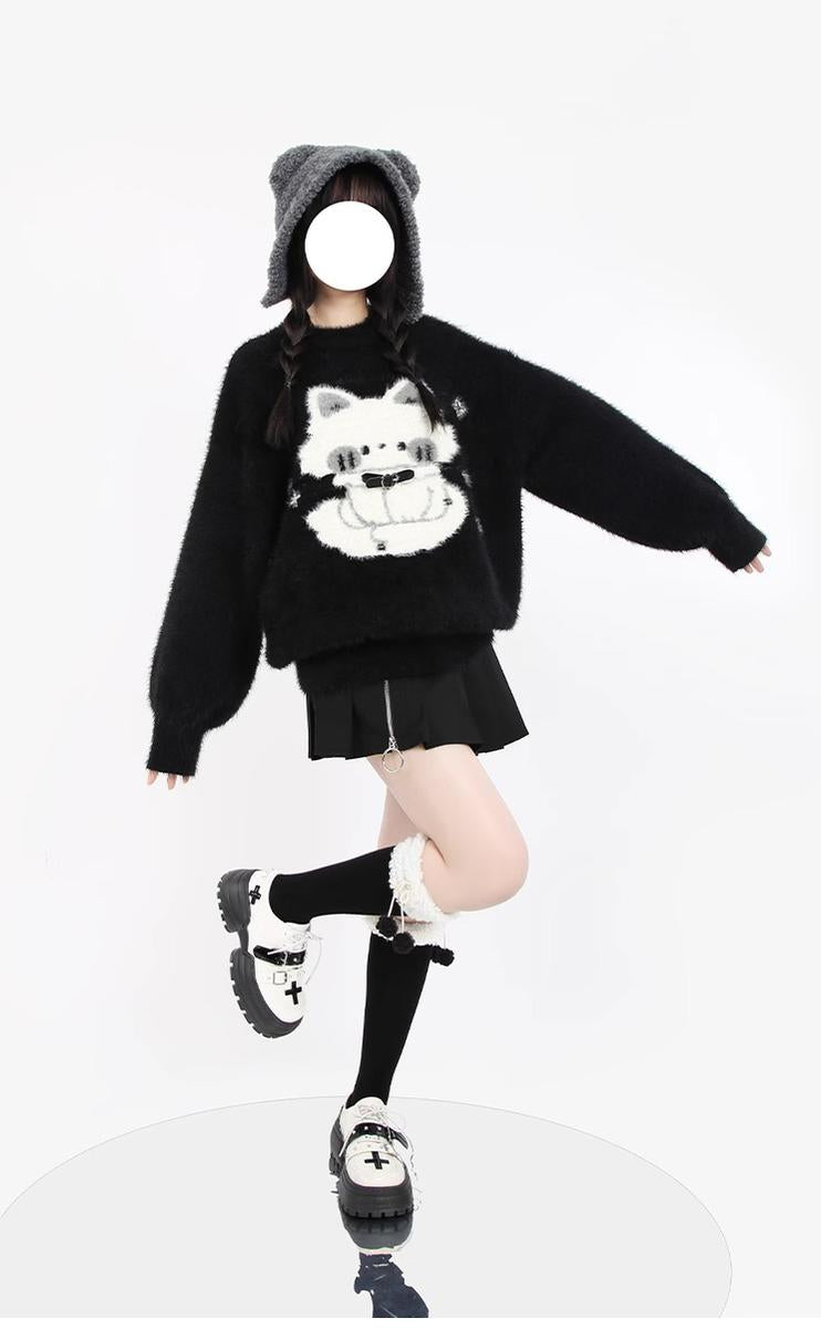 Kawaii Black Sweater Fluffy Voluminous Thickening Sweater 22752:326932 22752:326932