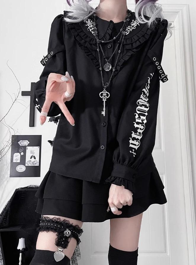 Black/White Jirai Kei Blouse with Skull Print & Peter Pan Collar (L M S) 42861:758989