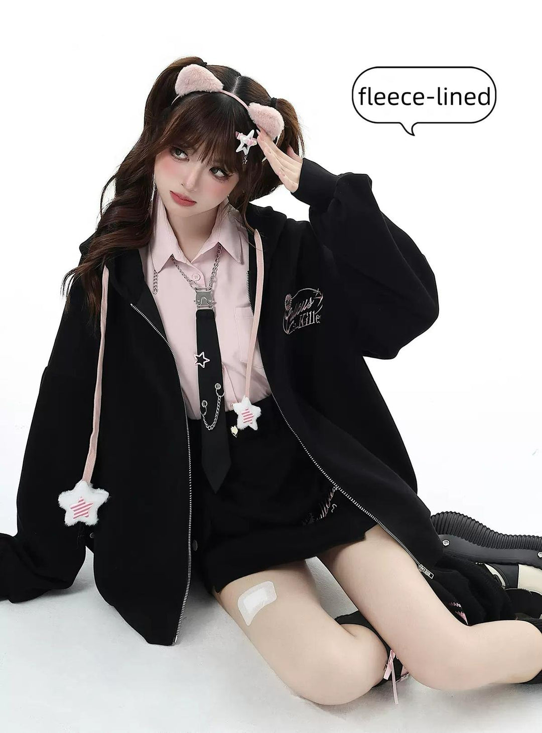 Jirai Kei Hoodie Zipper Jacket Casual Wear Skirt Set Pink Black (L M S) 32456:439478