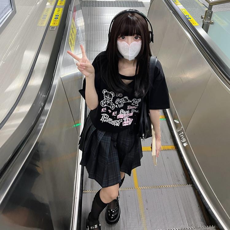 Jirai Kei T-shirt Bear Printed Short Sleeve Top For Summer 37570:563290