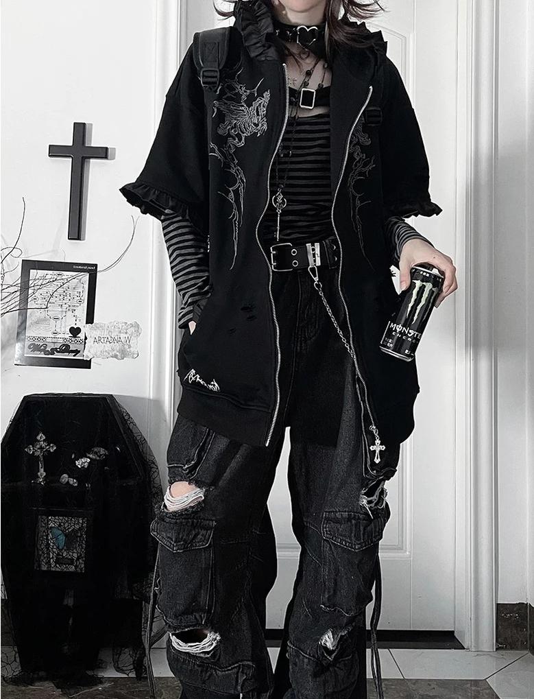 Punk Hooded Jacket, Ripped Details & Horse Embroidery 45939:871333