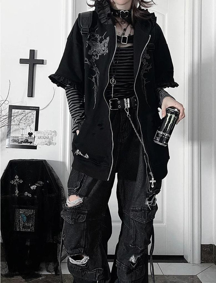 Punk Hooded Jacket, Ripped Details & Horse Embroidery 45939:871333