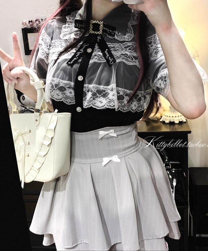 Striped Jirai Kei Skirt With Elastic Waist & Built-in Shorts (L M S) 43074:766279