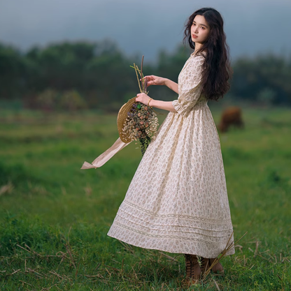 Mori Kei Dress Cottagecore Floral Dress French Artistic Cotton Dress 36340:547104
