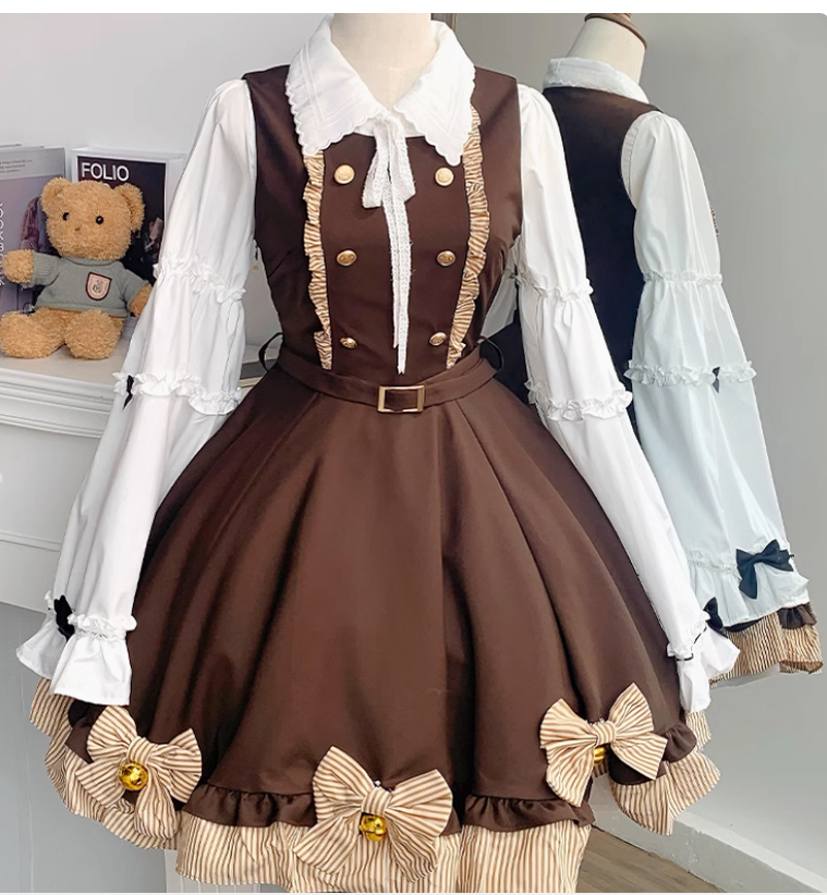 Preppy Outfit Set White Blouse Suspender Skirt Set (L M S XL XXL) 40072:671814