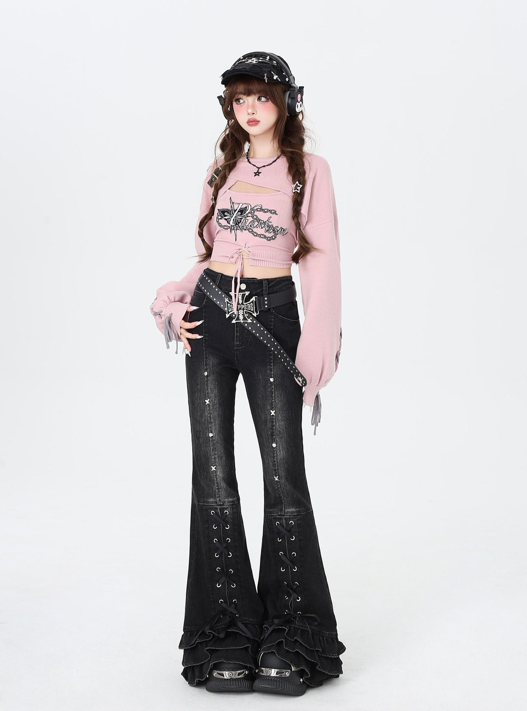 Gyaru Fashion Sweater Sexy Long-Sleeve Knitted Two-Piece Set 41788:719338