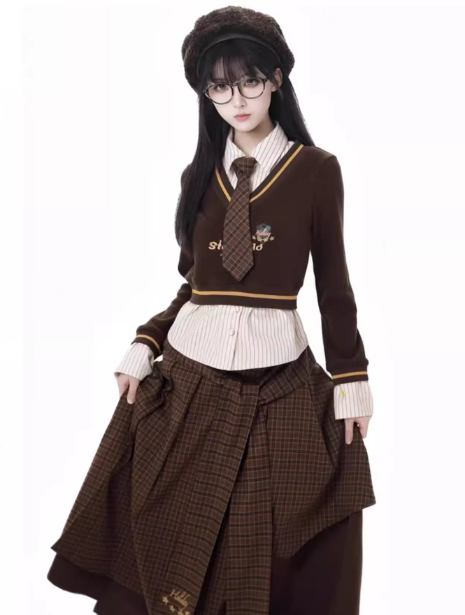 Preppy Outfit Set Fake Two-Piece Sweatshirt Pleated Skirt Set 41116:696564