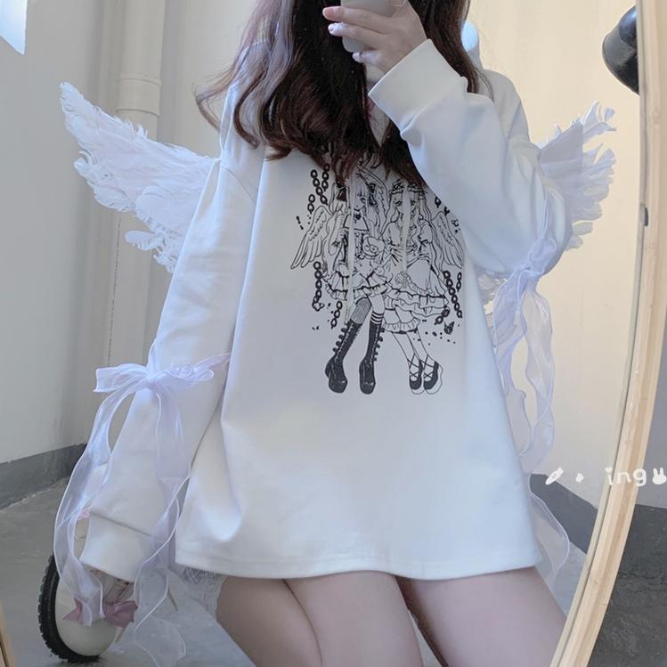 Jirai Kei Hoodie Black Top Angel Printed Hoodie Lace Up 37572:563130