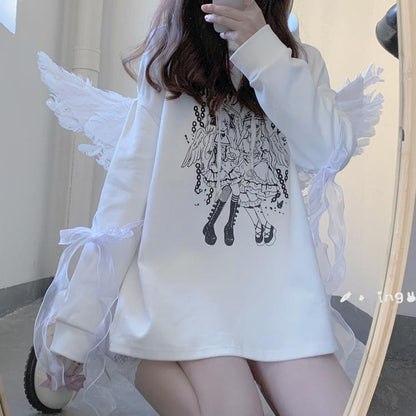 Jirai Kei Hoodie Black Top Angel Printed Hoodie Lace Up 37572:563130