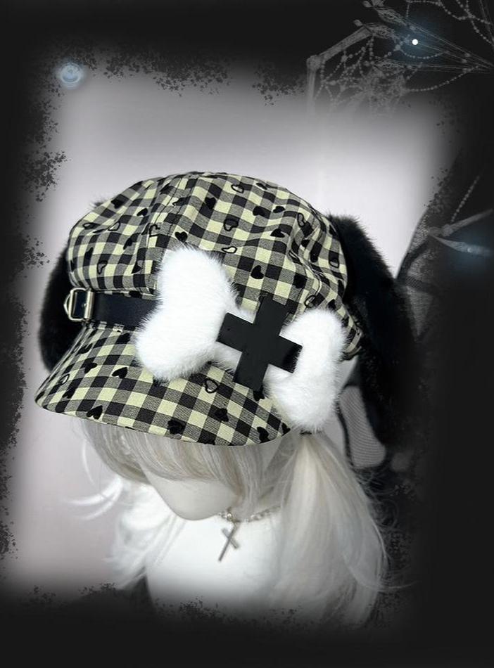 Subculture Beret Kawaii Puppy Ear Bone Plaid Hat 40952:696814