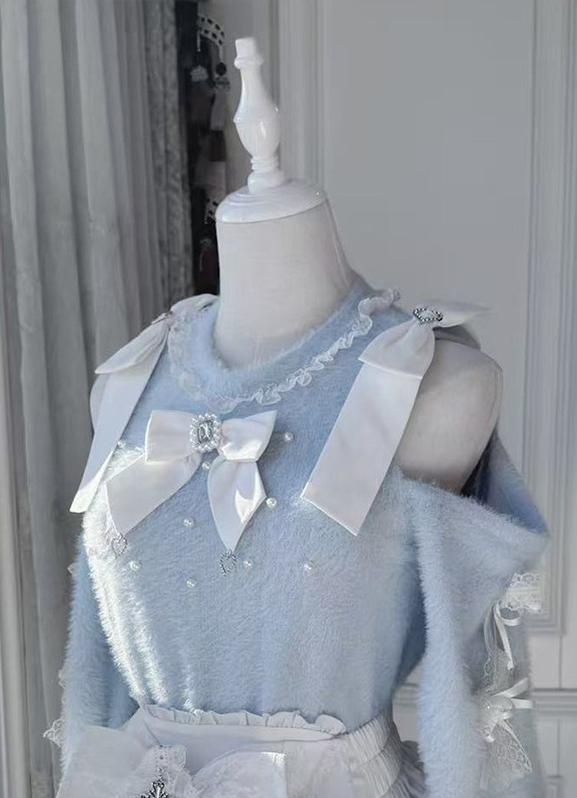 Jirai Kei Open Shoulder Plush Sweater, Tiered Skirt (2XL L M XL) 44565:813079