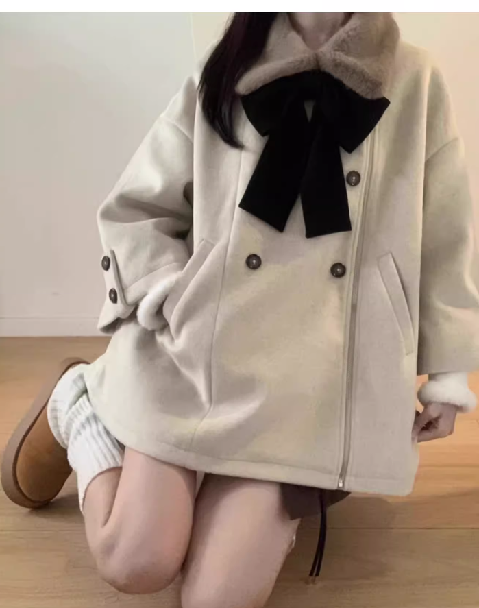 Mori Kei Outfit Set Plush Coat Sweater Skirt Set 41114:694998