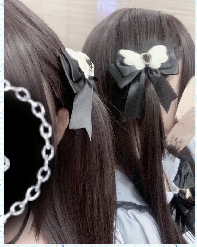 Jirai Kei Kawaii Black and Water Color Bow Hair Clip 21664:314986