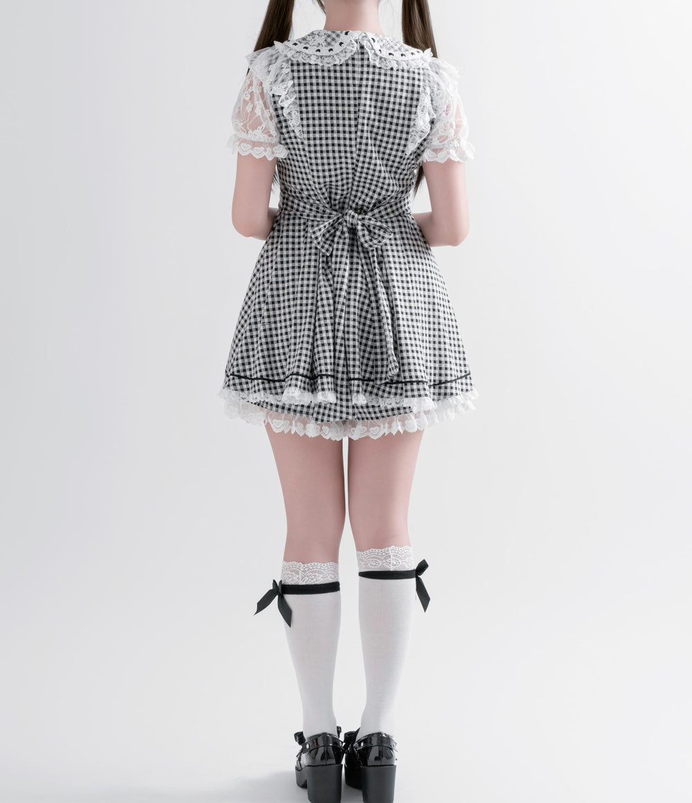 Jirai Kei Plaid Dress Set, Rhinestone Collar Bow 45008:837289