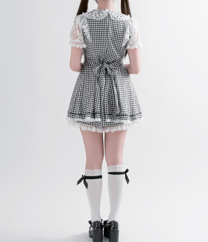 Jirai Kei Plaid Dress Set, Rhinestone Collar Bow 45008:837289